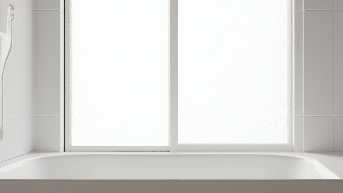 Illustrative concept design: white-framed frosted glass bathroom window above a bathtub