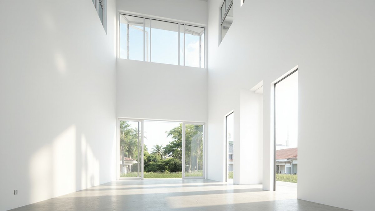 Illustrative concept design: double-height white hall with a band of high windows near the ceiling
