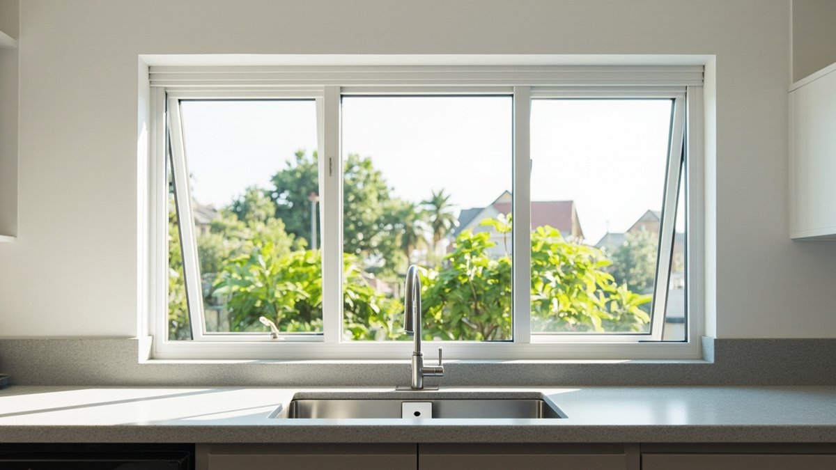 Illustrative concept design: white aluminium kitchen window with a fixed centre pane and two side sashes over a sink