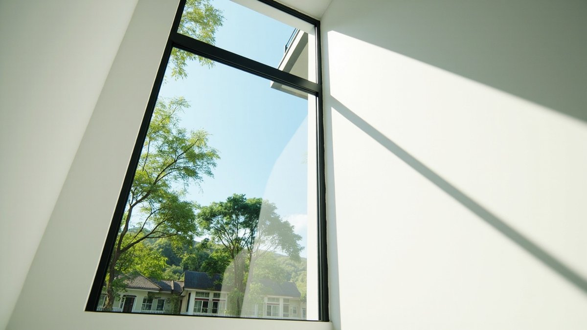 Illustrative concept design: tall fixed glass window in a slim black frame seen from below in a white stair void