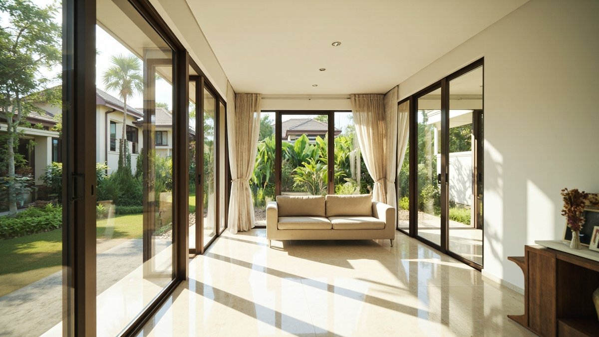 Illustrative concept design: living room lined with tall bronze-framed glass panels and sliding doors opening to a garden