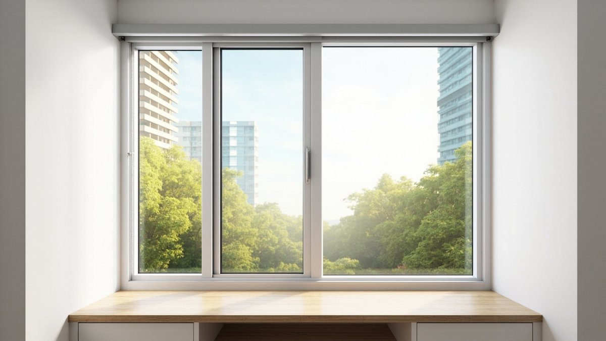 Illustrative concept design: white three-panel aluminium sliding window above a built-in oak desk