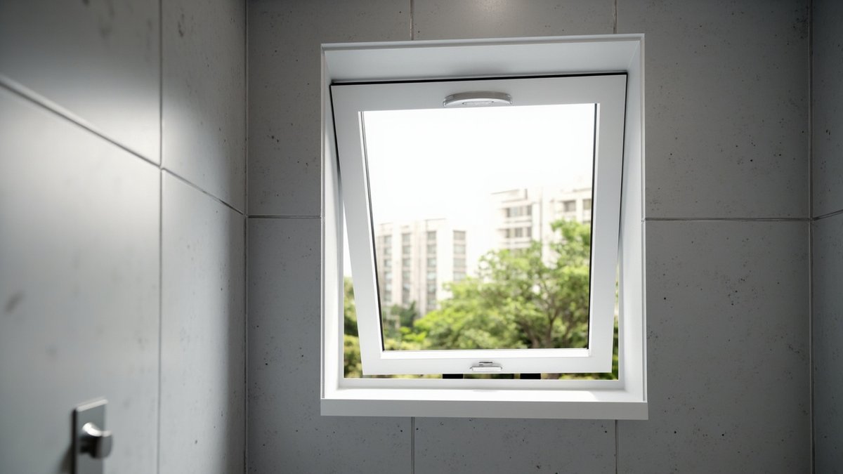 Illustrative concept design: small white top-hung window opened outward high in a grey tiled bathroom wall