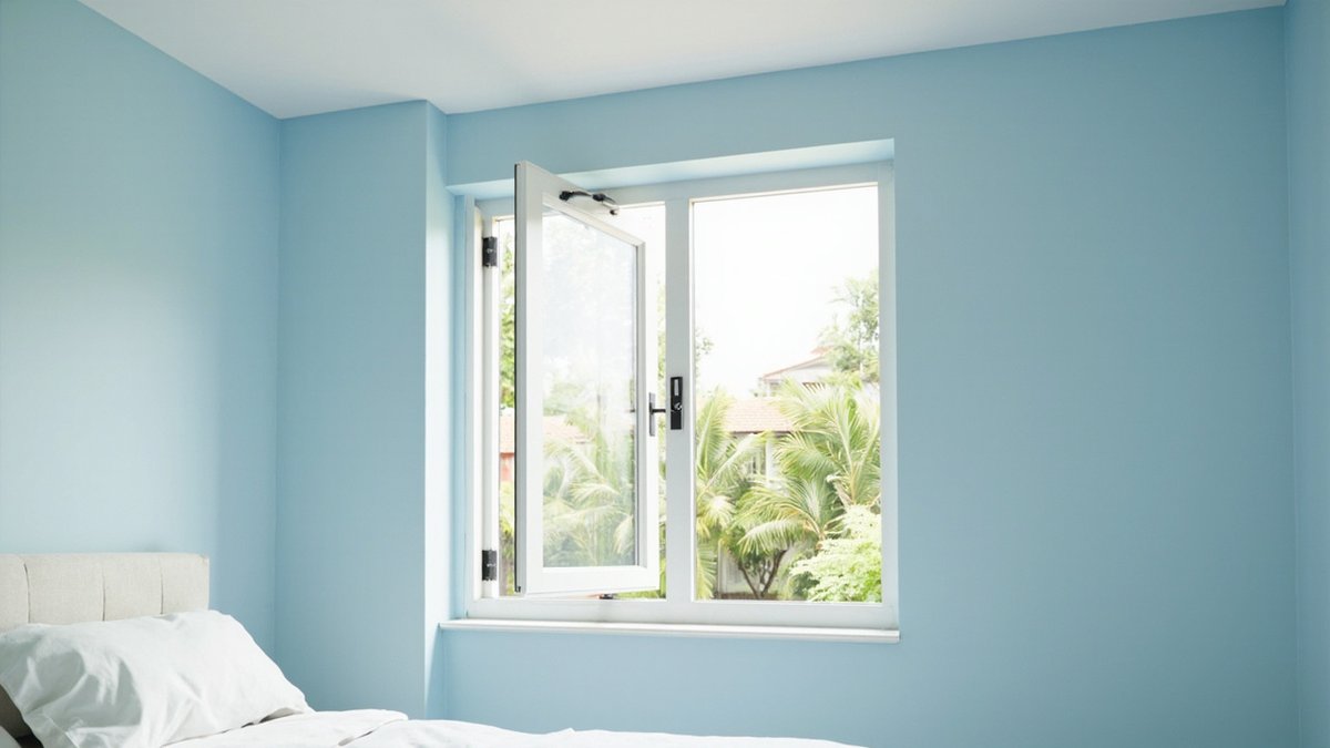 Illustrative concept design: pale blue bedroom with a white aluminium casement window, one sash open