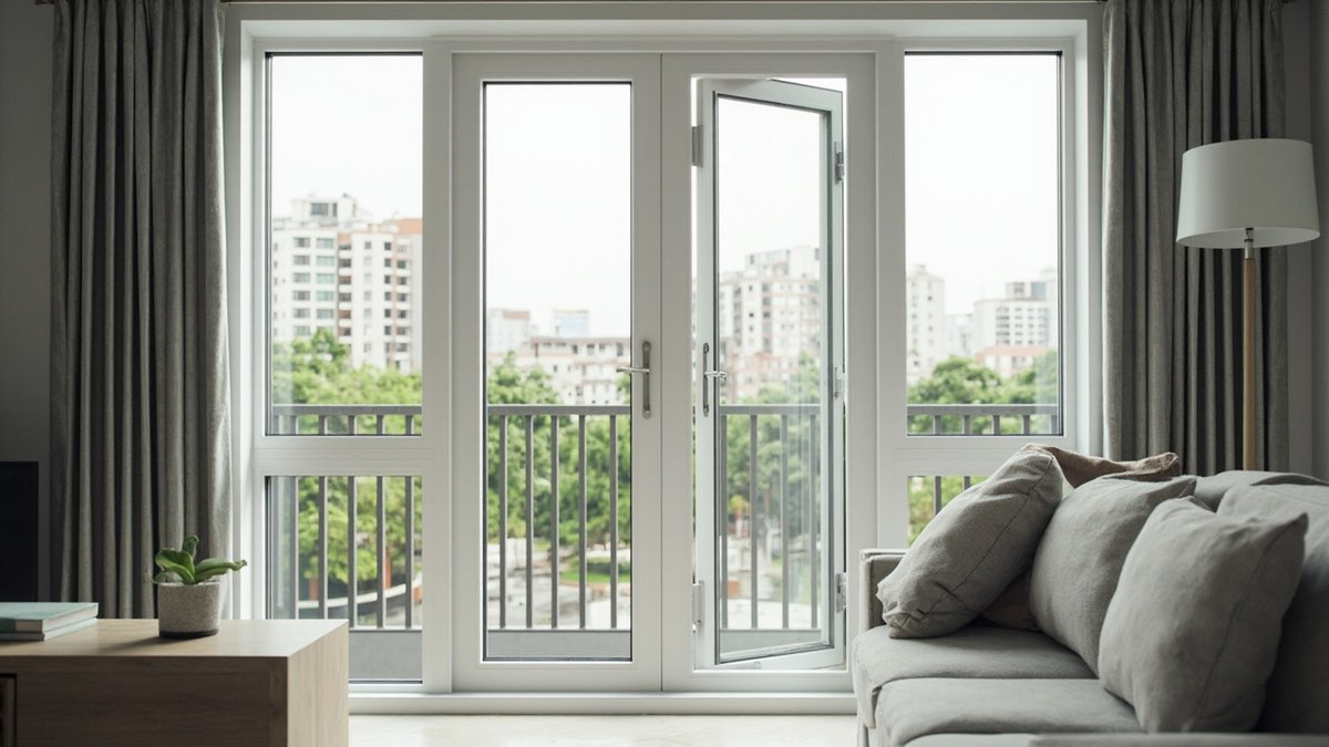Illustrative concept design: chunky white uPVC casement window wall with one sash open in a condo living room