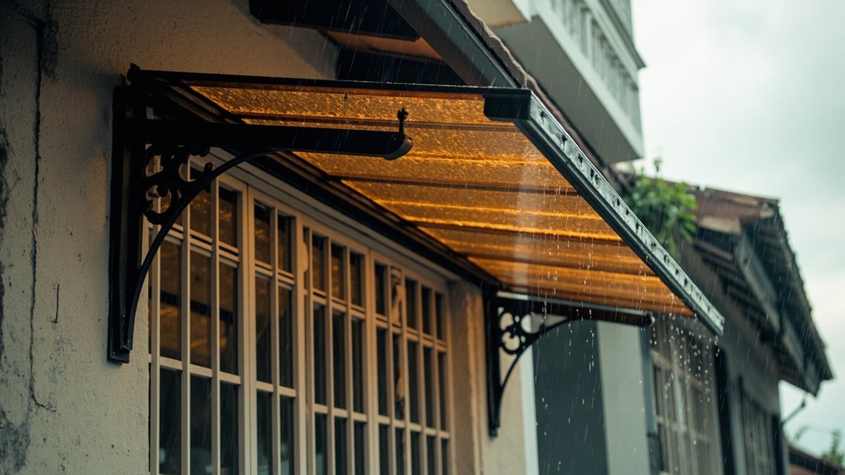 Bronze polycarbonate canopy on black brackets above an upstairs window of a terrace house
