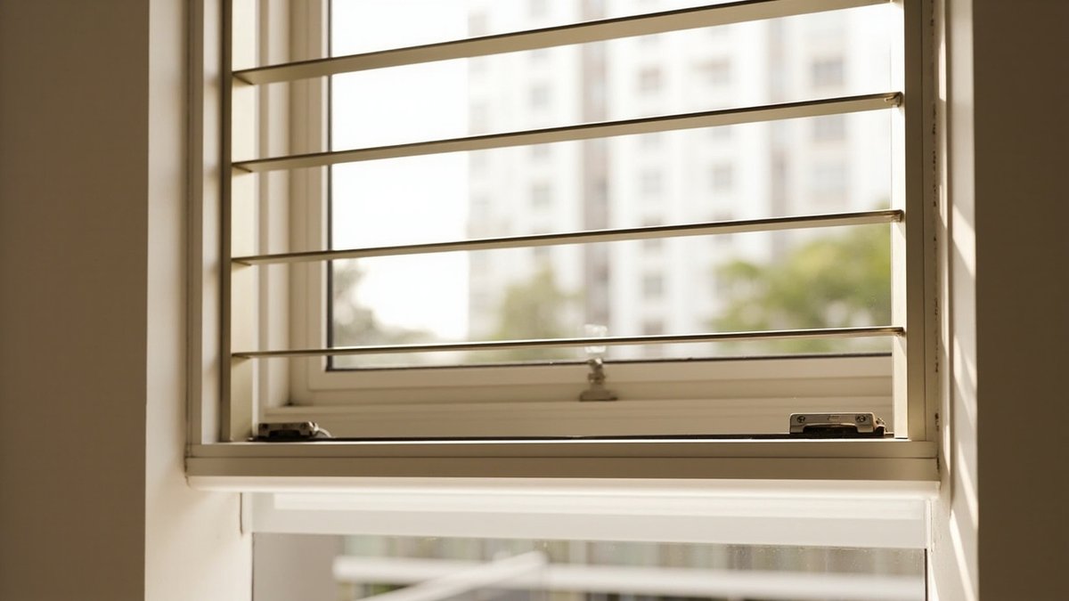 Illustrative concept design: slim champagne aluminium horizontal bars matched to a top-hung window frame