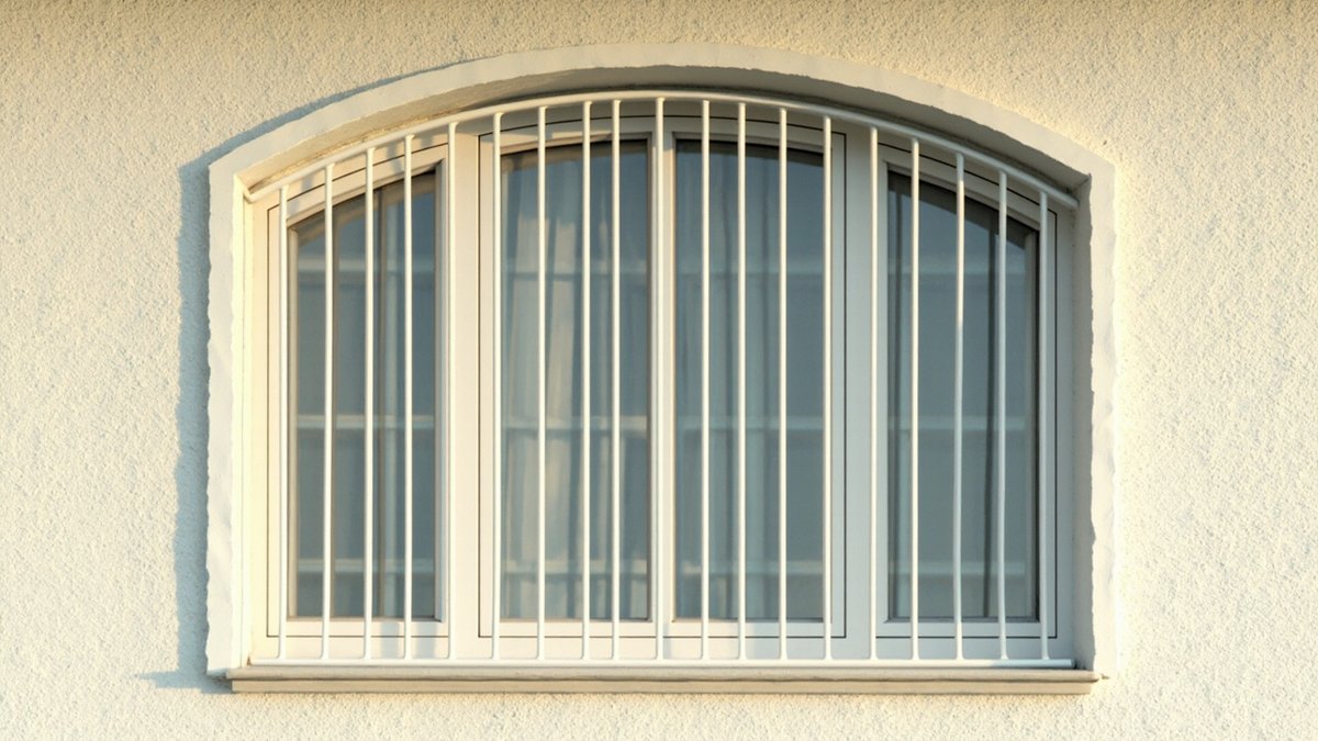 Illustrative concept design: white vertical-bar window grille with a curved top rail following an arched window
