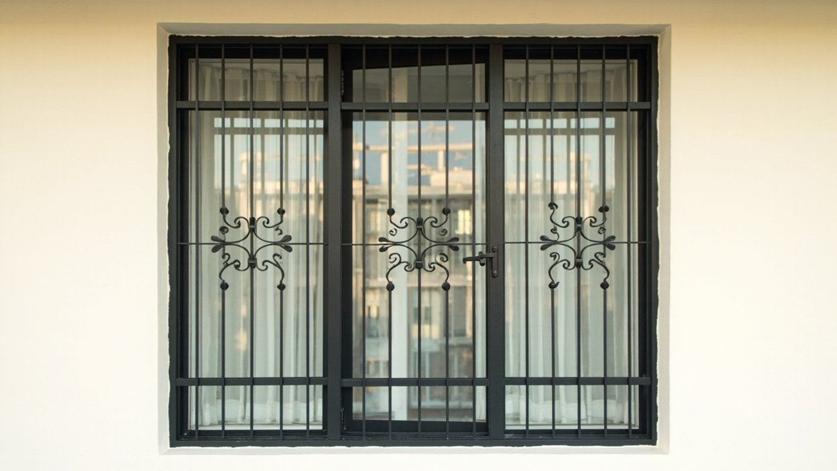 Illustrative concept design: black three-panel window grille with symmetrical scroll motifs on a cream wall