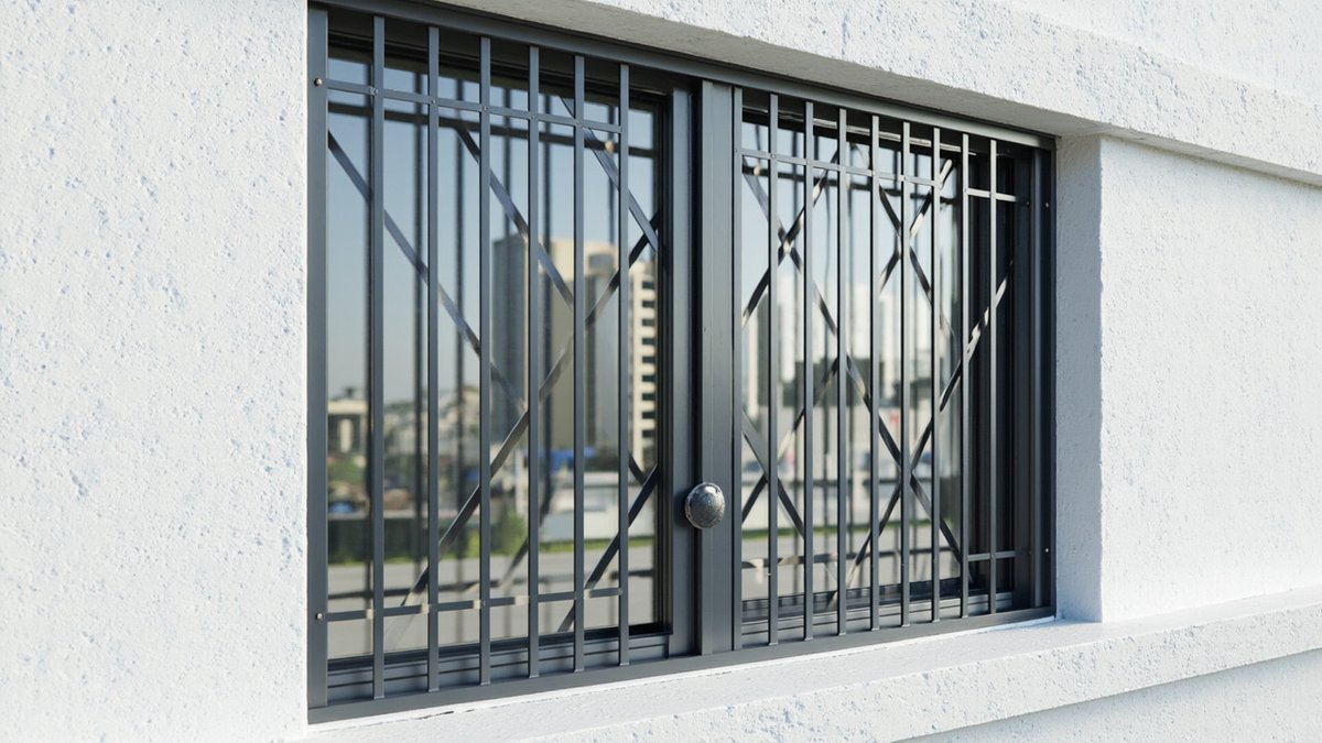 Illustrative concept design: grey window grille of vertical bars with diagonal X cross-bracing in two panels