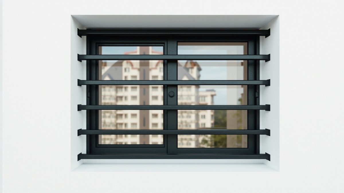 Illustrative concept design: charcoal-black horizontal flat bars bracketed into the reveal of a window in a white wall
