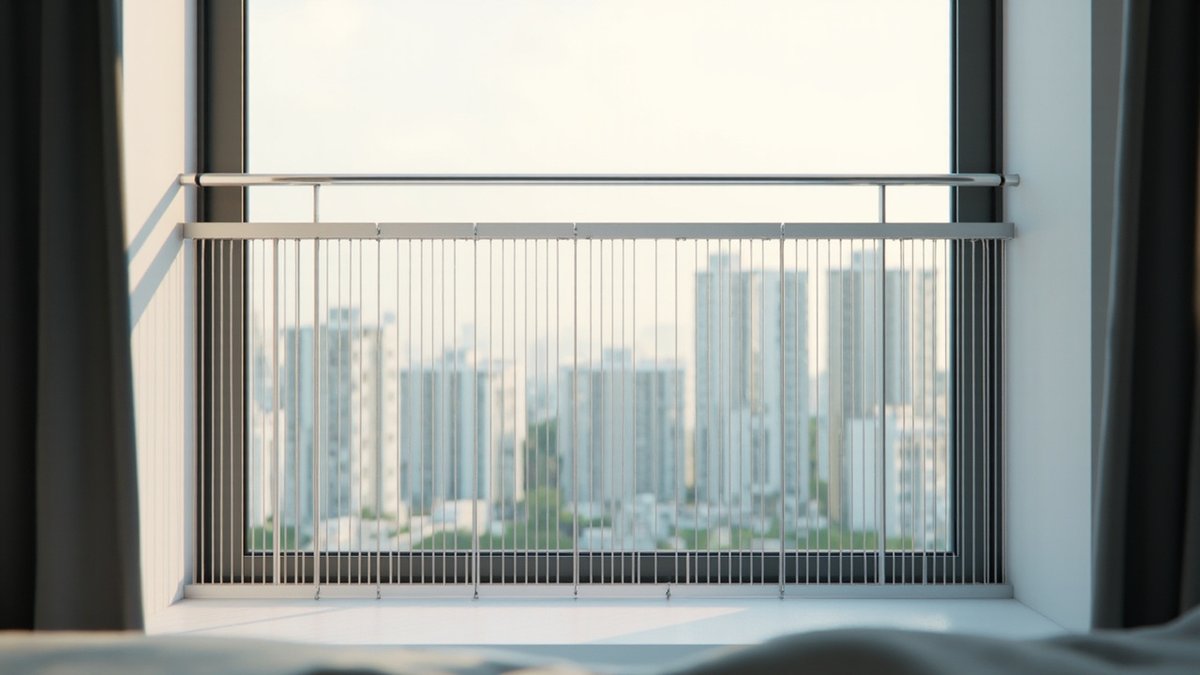 Illustrative concept design: thin stainless cable invisible grille with a handrail across a high-floor condo window