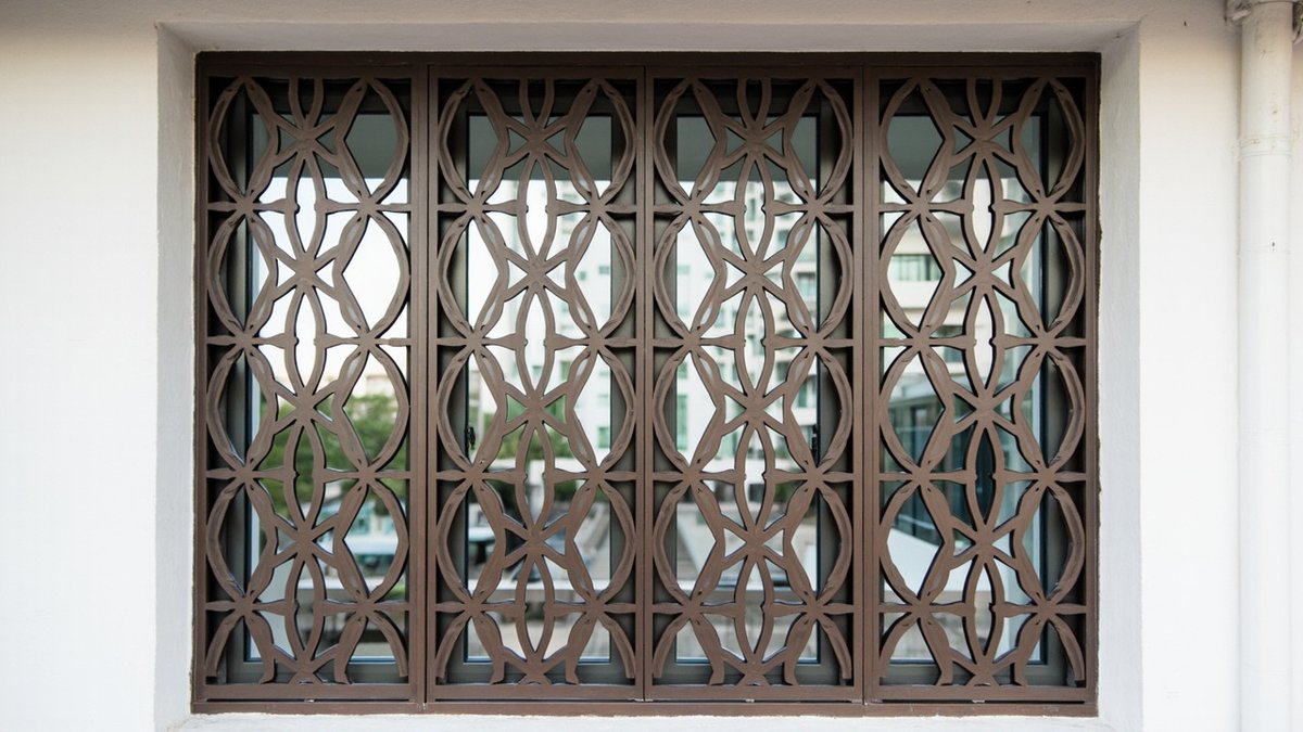 Illustrative concept design: four bronze-brown laser-cut window panels with an interlocking star-and-petal geometric pattern