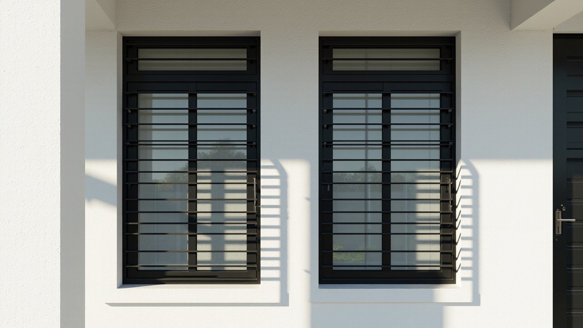 Illustrative concept design: black horizontal-bar window grilles on two ground-floor windows of a white terrace house