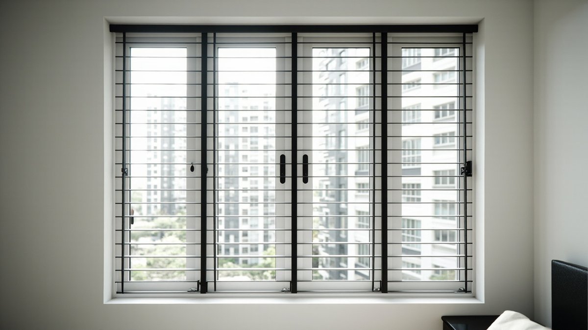 Illustrative concept design: black-framed horizontal-bar grille with hinged panels, centre pull handles and a side latch on a bedroom window