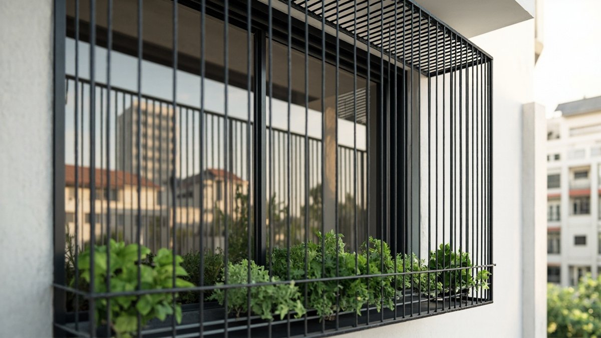 Illustrative concept design: black projecting box window grille with a ledge holding a trough of herbs