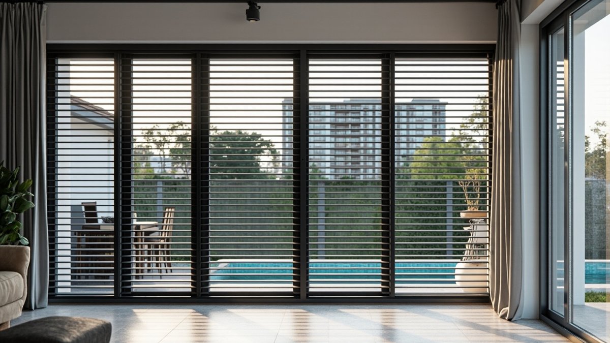 Illustrative concept design: row of full-height black-framed horizontal-bar grille panels across a glass door wall to a patio