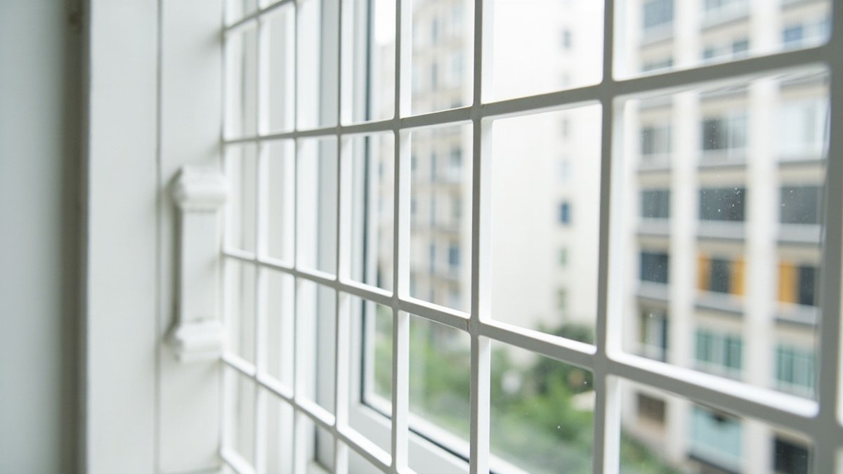 Illustrative concept design: slim white square-grid grille across a condo window seen from inside the room