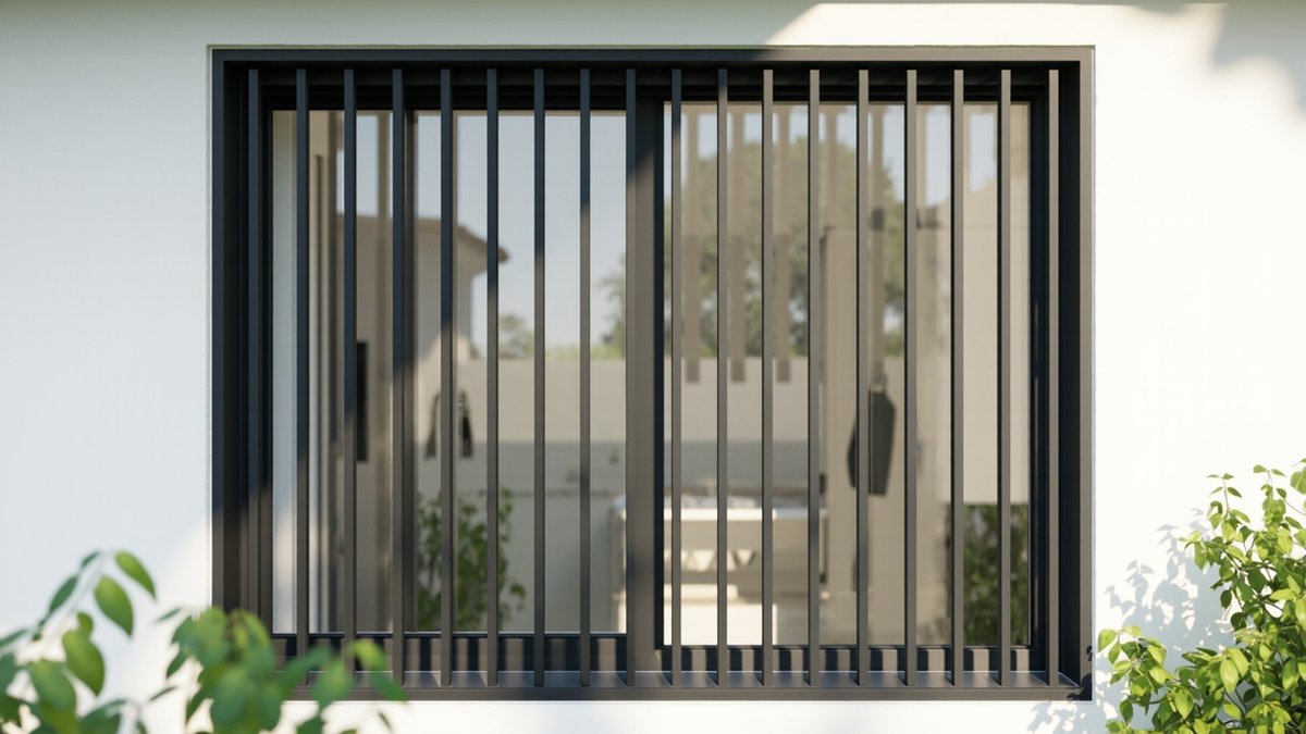 Illustrative concept design: charcoal vertical-bar window grille set inside the window reveal of a terrace house