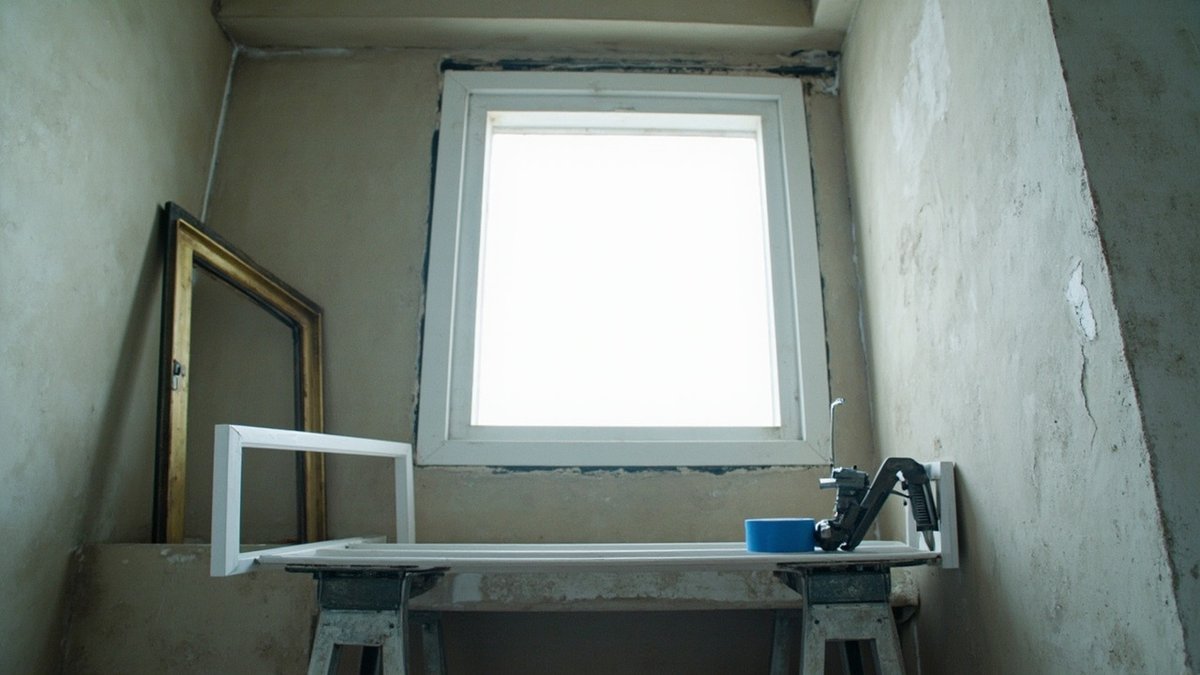Glazed white window frame set in a bare plastered wall, with a second frame on trestles below it