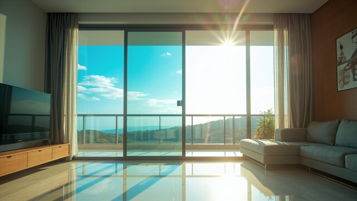 Sliding window with solar film on one half and clear glass on the other, showing the glare difference