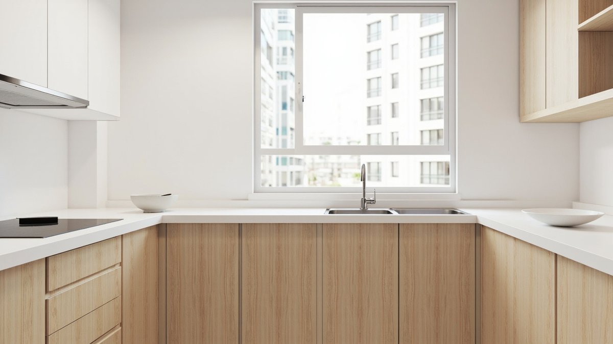 Ilustrasi konsep reka bentuk: dapur kondo bentuk U dengan pintu bawah oak cerah tanpa handle, kabinet dinding putih dan sinki berkembar