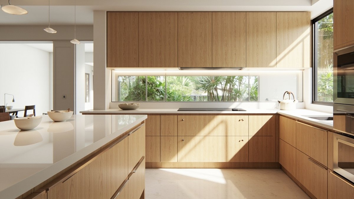 Illustrative concept design: L-shaped kitchen with light oak flat doors, a white quartz island and a long window splashback