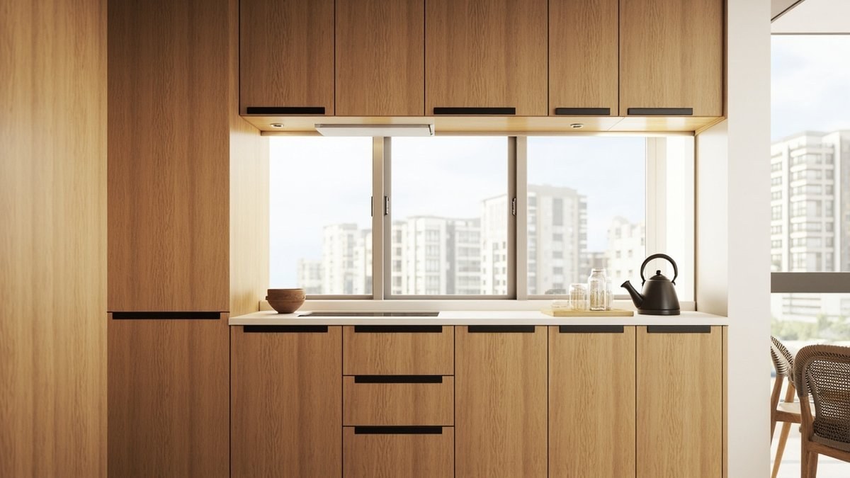 Ilustrasi konsep reka bentuk: dapur kondo dengan pintu laminate rupa oak, pemegang bar hitam dan kabinet dinding di atas tingkap