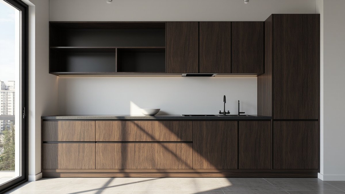 Ilustrasi konsep reka bentuk: dapur lurus dengan pintu oak asap gelap, rak dinding gelap terbuka berlampu strip dan paip hitam