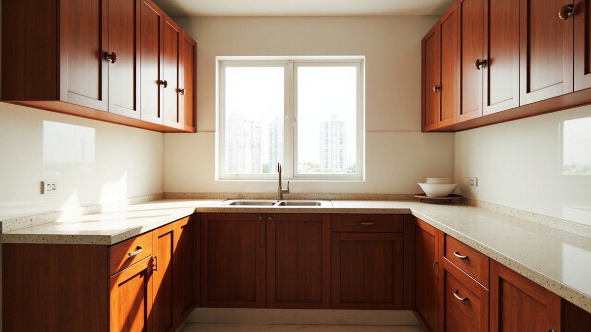 Ilustrasi konsep reka bentuk: dapur bentuk U dengan pintu panel kayu coklat kemerahan, tombol bulat dan top granit krim berbintik
