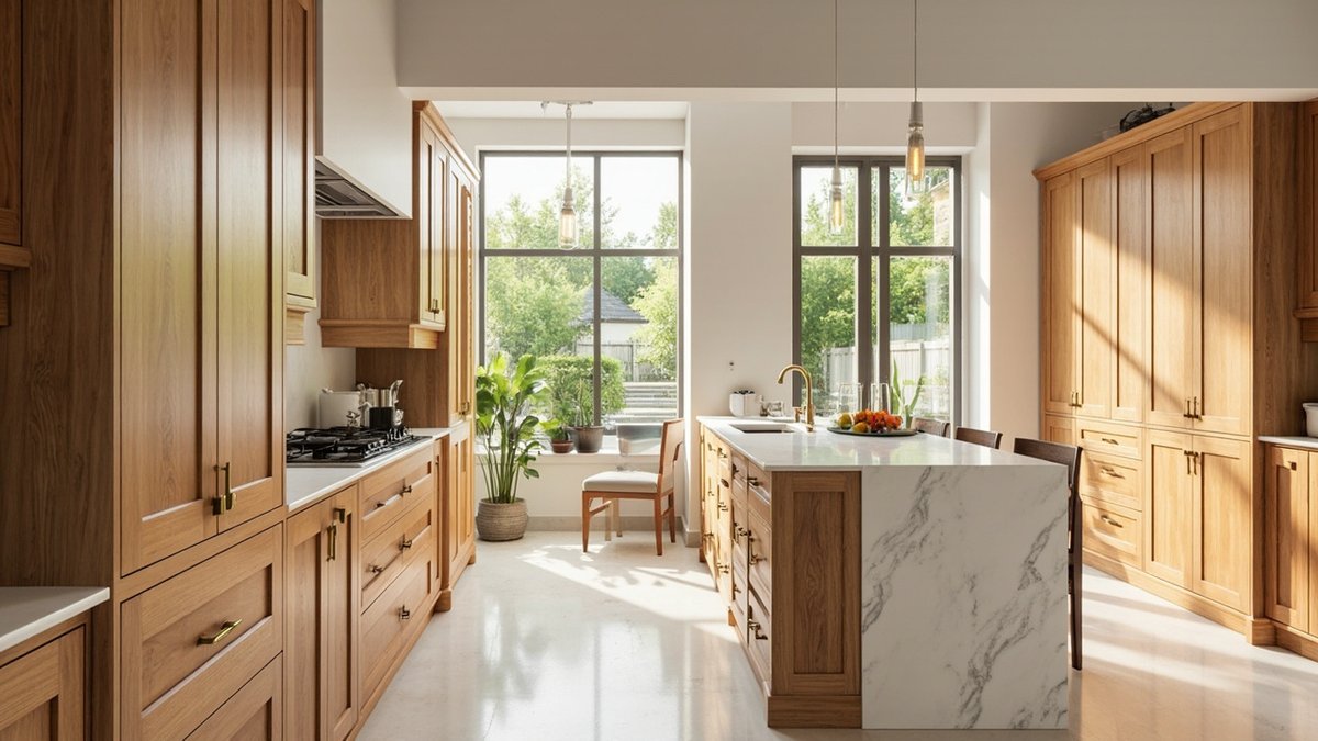 Ilustrasi konsep reka bentuk: dapur besar dengan pintu shaker kayu madu, dinding pantri tinggi dan island waterfall rupa marmar