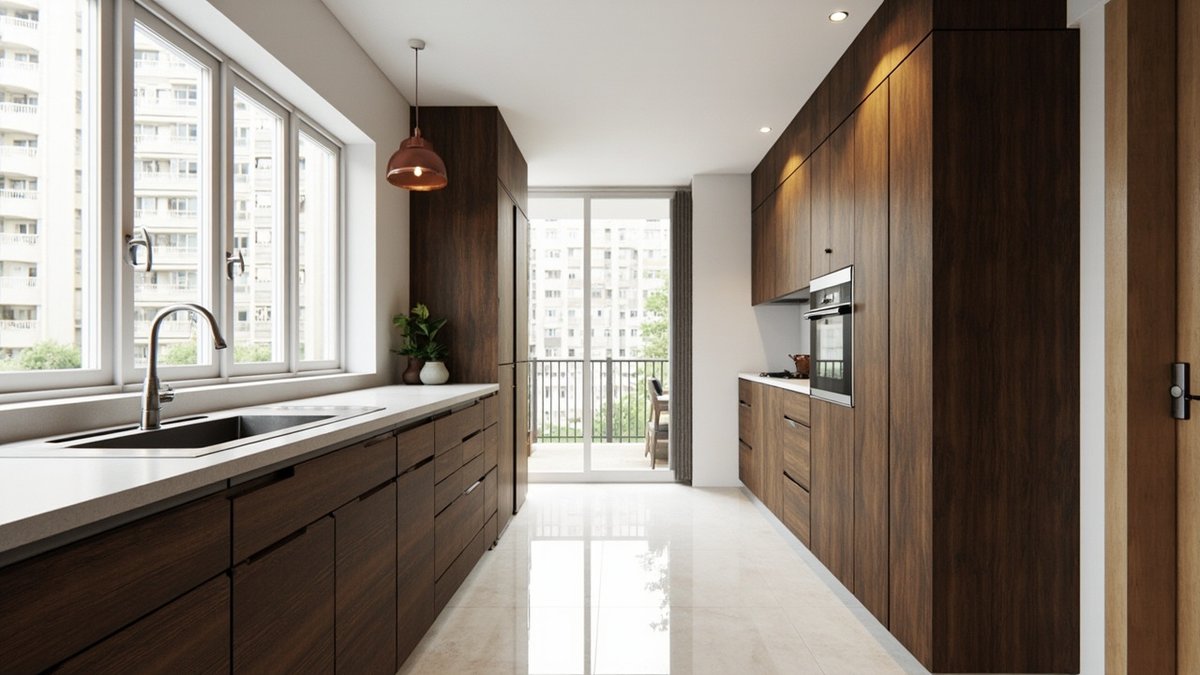 Ilustrasi konsep reka bentuk: dapur galley kondo dengan laci walnut gelap dan dinding kabinet tinggi walnut dengan ketuhar terbina dalam