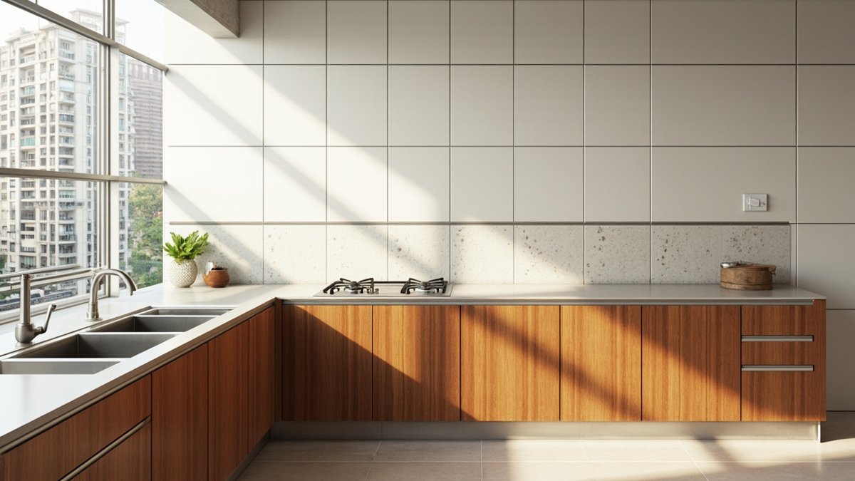 Ilustrasi konsep reka bentuk: dapur basah dengan pintu ira jati, top keluli tahan karat, sinki berkembar dan dapur gas dua tungku