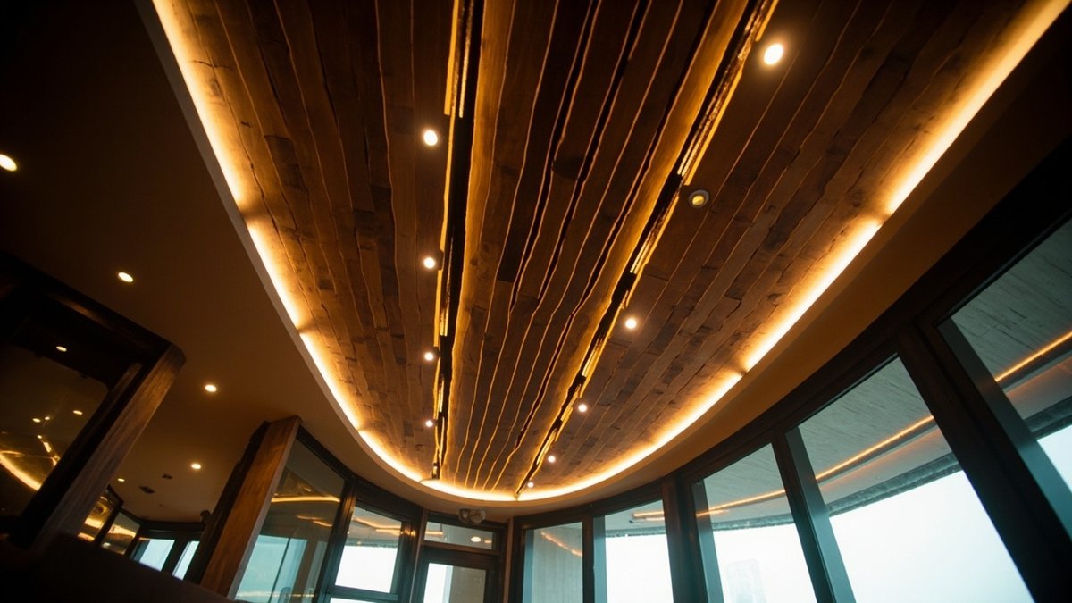 Siling slat kayu dengan lampu linear di antara slat di atas ruang makan