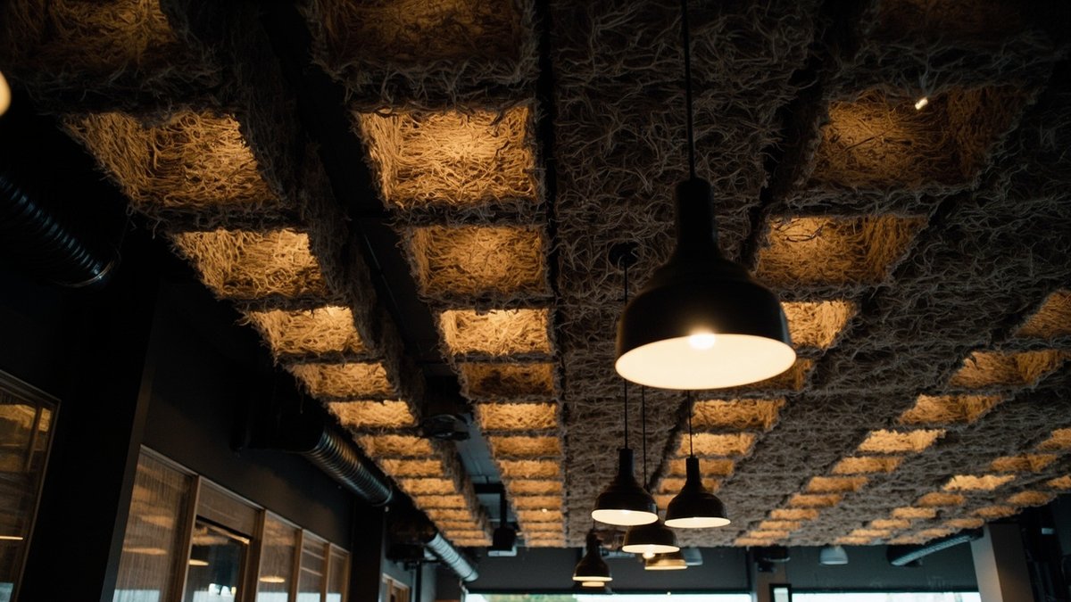 Siling kafe dilapisi papan akustik wood wool kelabu bertekstur dengan lampu gantung hitam