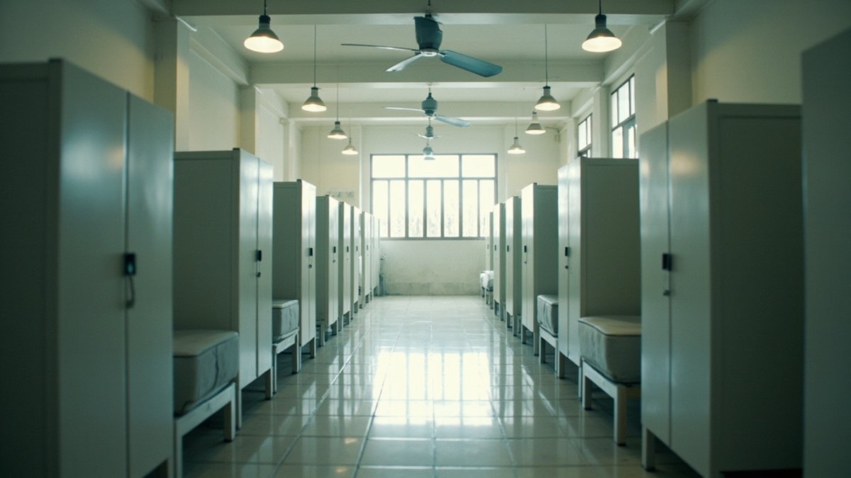 Renovated workers' dormitory room with single beds, lockers and ceiling fans