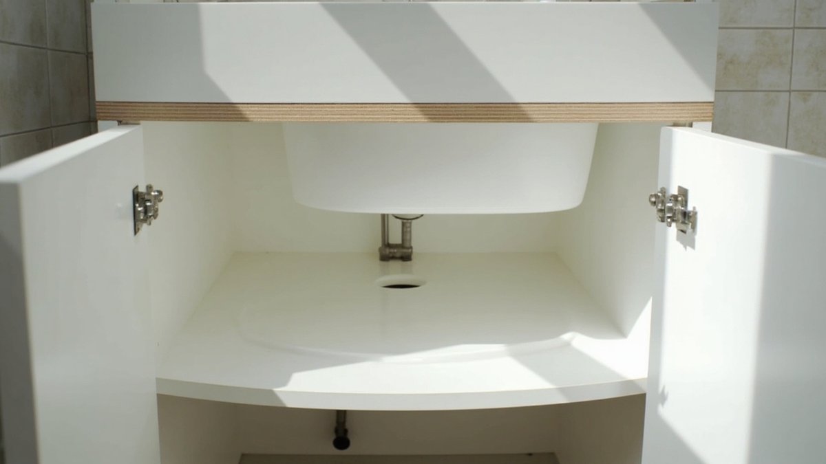 Kabinet sinki daripada PVC foam board dengan dulang titisan di bawah perangkap paip