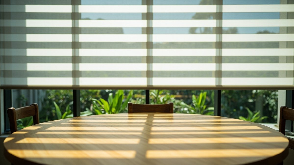 A grey zebra blind half lowered over a dining window, casting striped shadows on an oak table