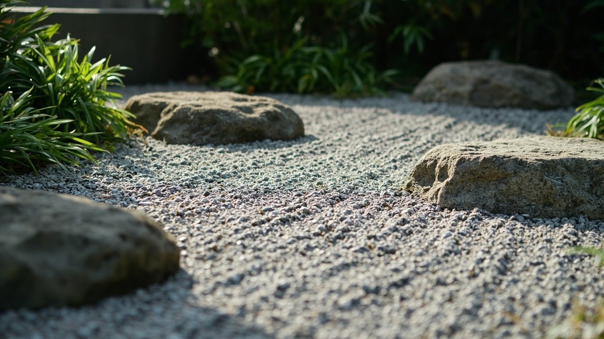 Small zen gravel garden with boulders and stepping stones in a terrace house front yard